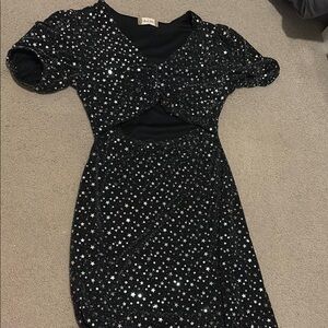 Altar'd State Silver Black Sequin Mini Dress V-Neck Puff Sleeves